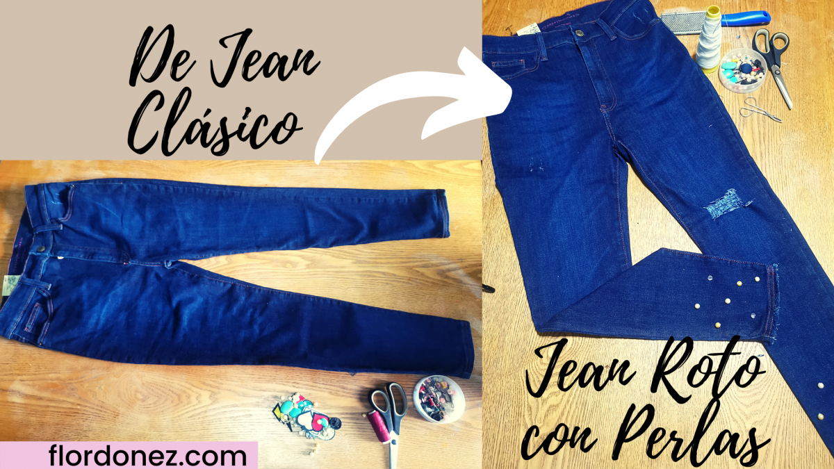 Upcycled Jeans: Roto + Perlas